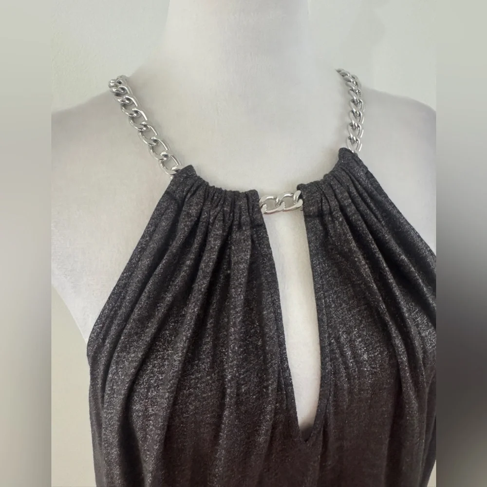 New! MICHAEL KORS silver Shimmer halter Chain Black Sleeveless Hi-Lo Dress